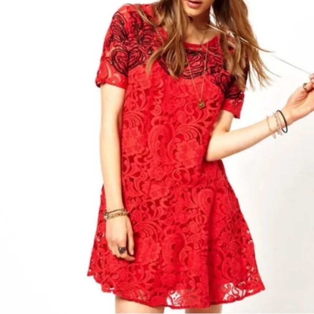 Free People‎ Lace Dreamer Dress Red black Embroidered Boho short sleeve